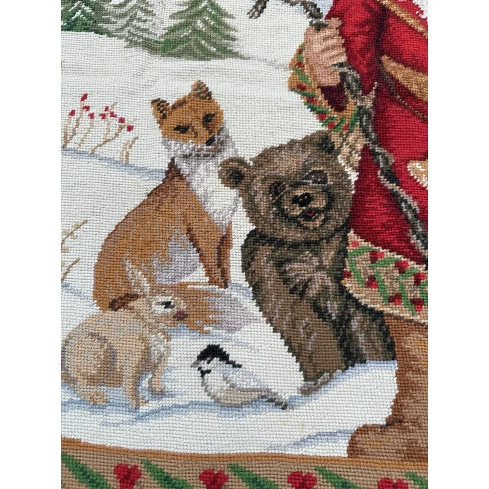 Vintage 1994 C&F Ent. Wool Needlepoint Santa Woodland Animals Tapestry 42X30